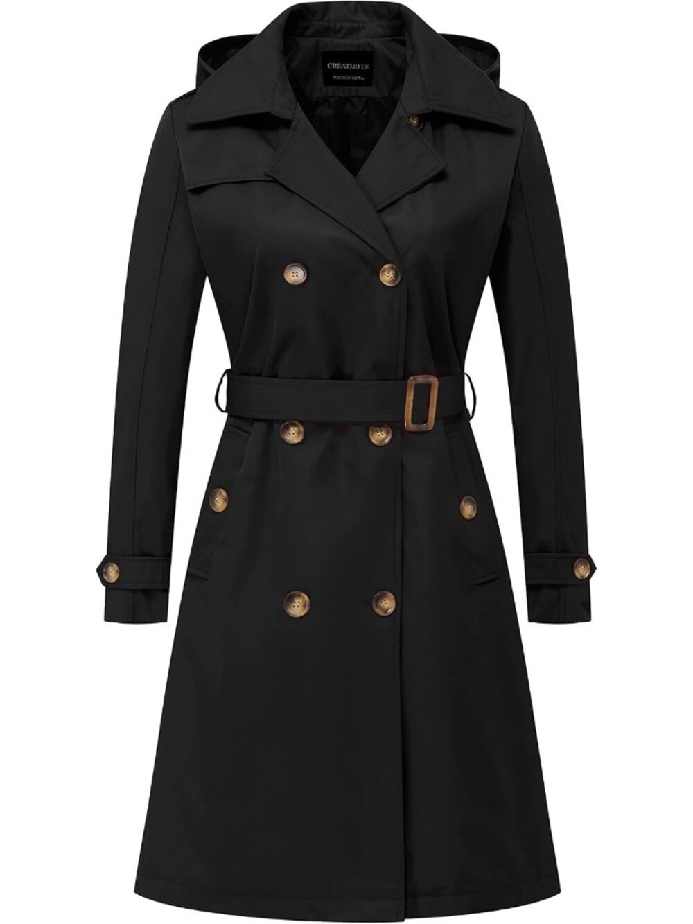 Women Black Lapel Collar Cuff Sleeve Overcoat Belted Slim Outerwear Trench Coat
